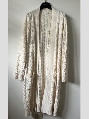 Sablyn White Cream Cable Knit Long Cashmere Cotton Silk Cardigan Duster - S/M